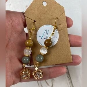 Multi-Bead Crown Drop Earrings in Gold Crown and Selenite and Caribbean Calcite
